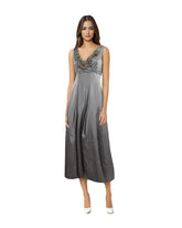 Moschino Vintage Gray Floral Detail Silk Blend Pleated Gown/Dress